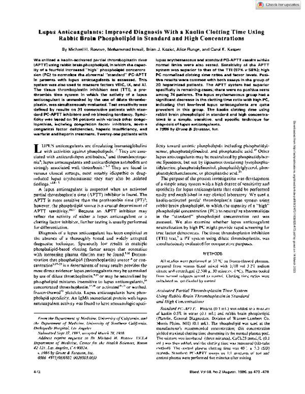 (PDF) Lupus anticoagulants: improved diagnosis with a kaolin clotting ...
