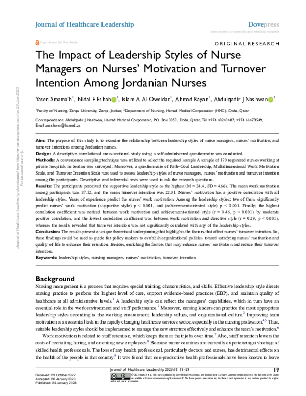 (PDF) The Impact of Leadership Styles of Nurse Managers on Nurses ...