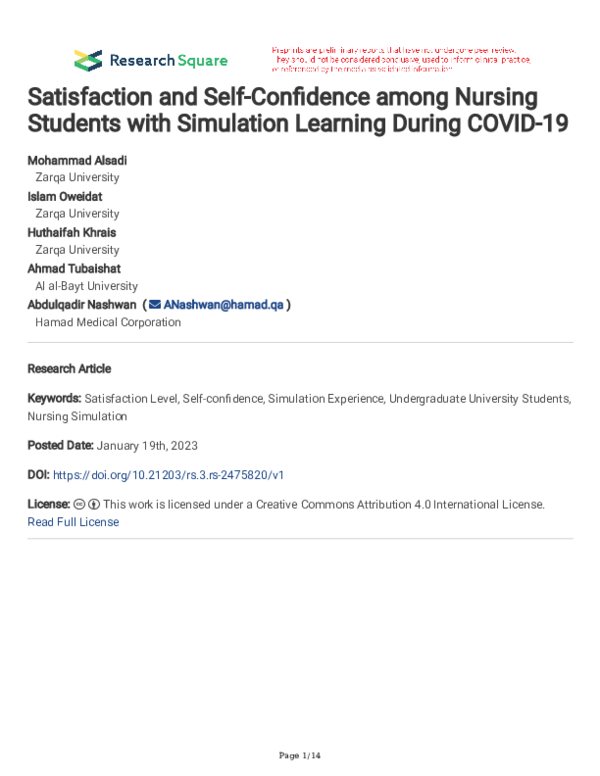 (PDF) Satisfaction and Self-Confidence among Nursing Students with ...