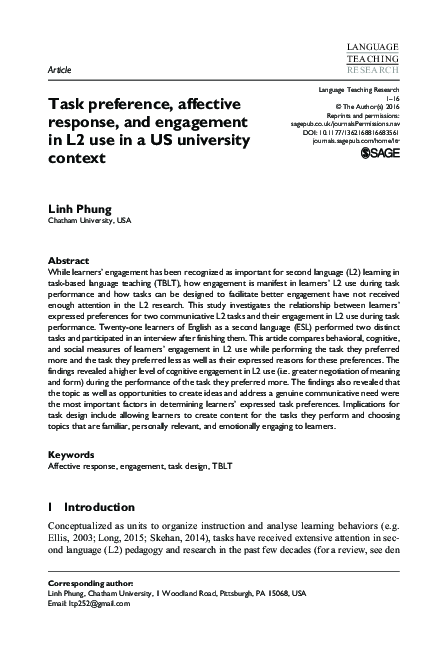 (PDF) Task preference, affective response, and engagement in L2 use in ...