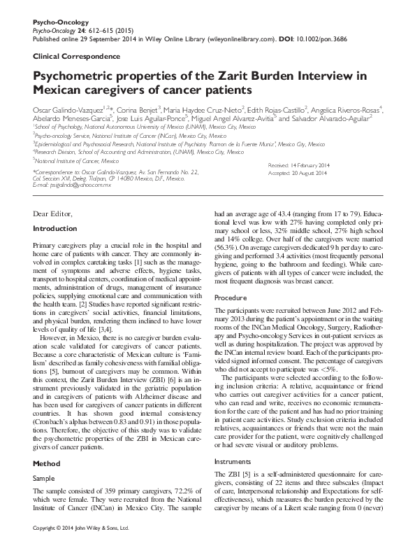 (PDF) Psychometric properties of the Zarit Burden Interview in Mexican