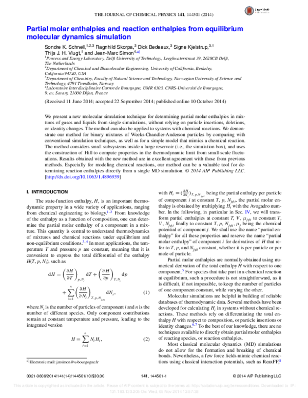 (PDF) Partial molar enthalpies and reaction enthalpies from equilibrium ...