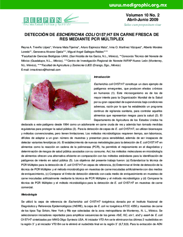 (PDF) Detección De Escherichia Coli O157: H7 en Carne Fresca De Res ...