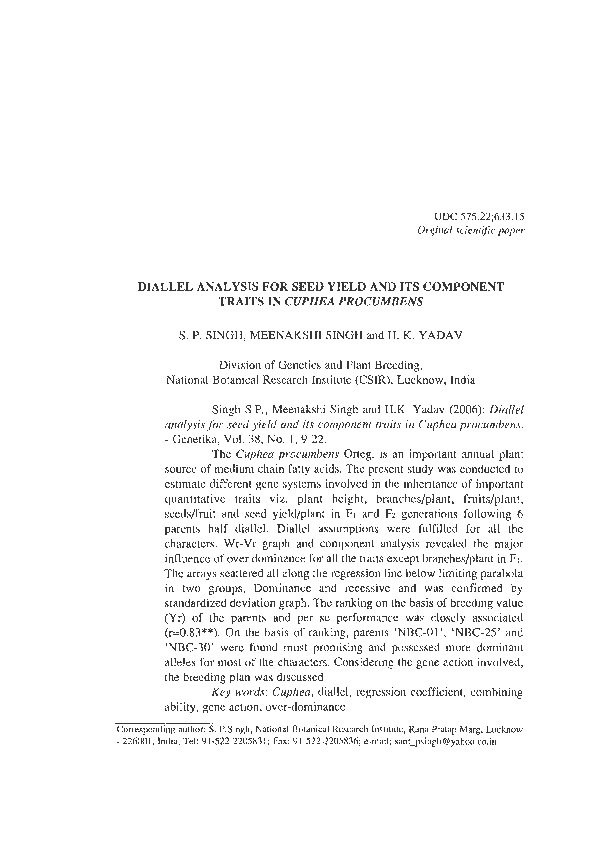 (PDF) Diallel analysis for seed yield and its component traits in ...