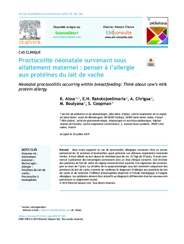 (PDF) Proctocolite néonatale survenant sous allaitement maternel ...