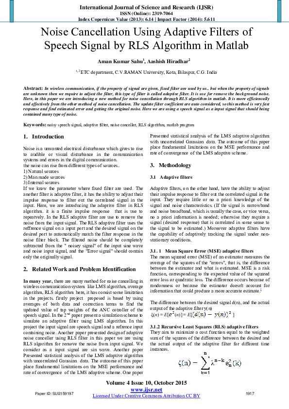(PDF) Noise Cancellation Using Adaptive Filters of Speech Signal by RLS ...