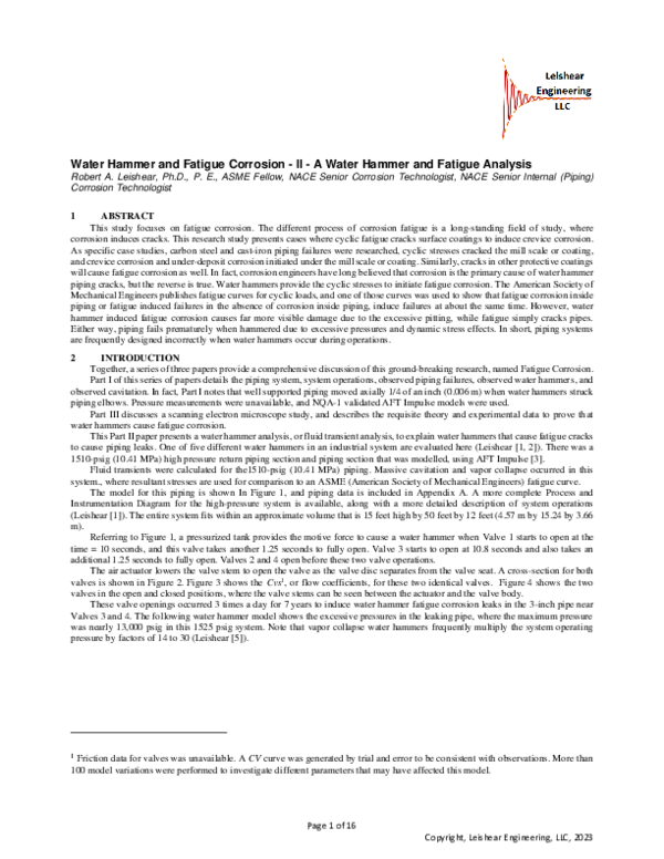 (PDF) Water Hammer and Fatigue Corrosion II A Water Hammer and