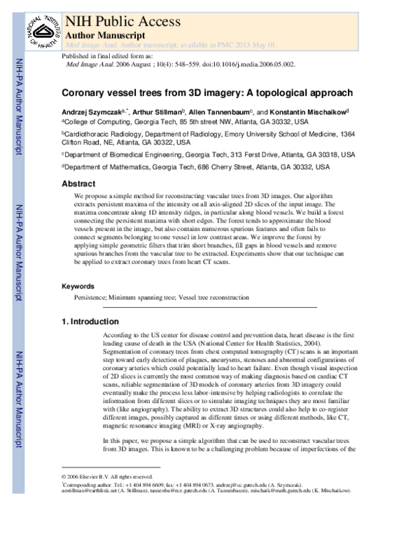 (PDF) Coronary vessel trees from 3D imagery A topological approach