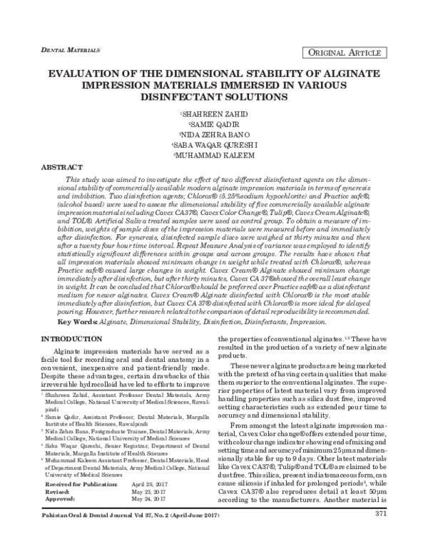 (PDF) Evaluation of the Dimensional Stability of Alginate Impression ...