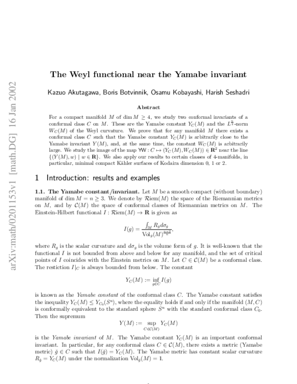 (PDF) The Weyl functional near the Yamabe invariant