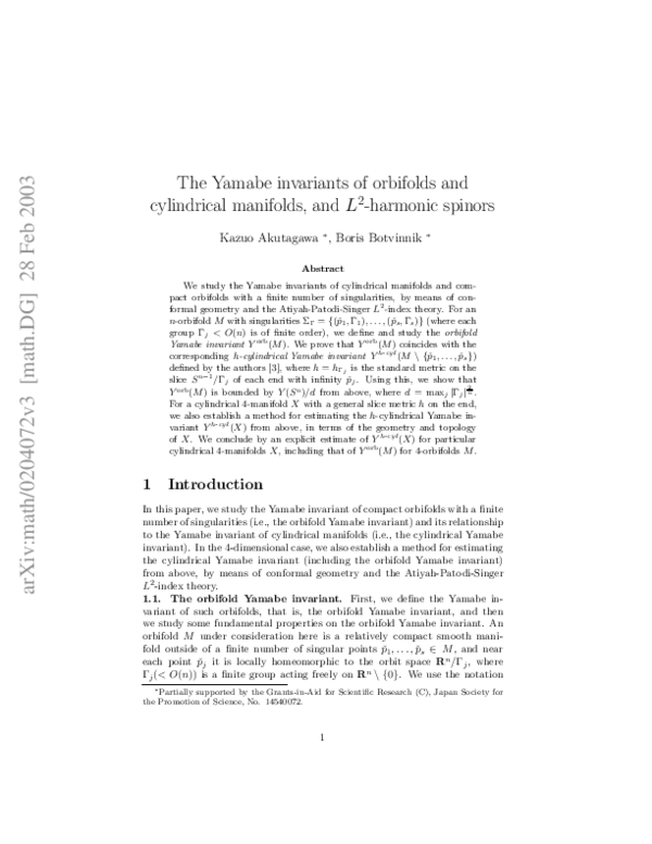 (PDF) The Yamabe invariants of orbifolds and cylindrical manifolds, and ...