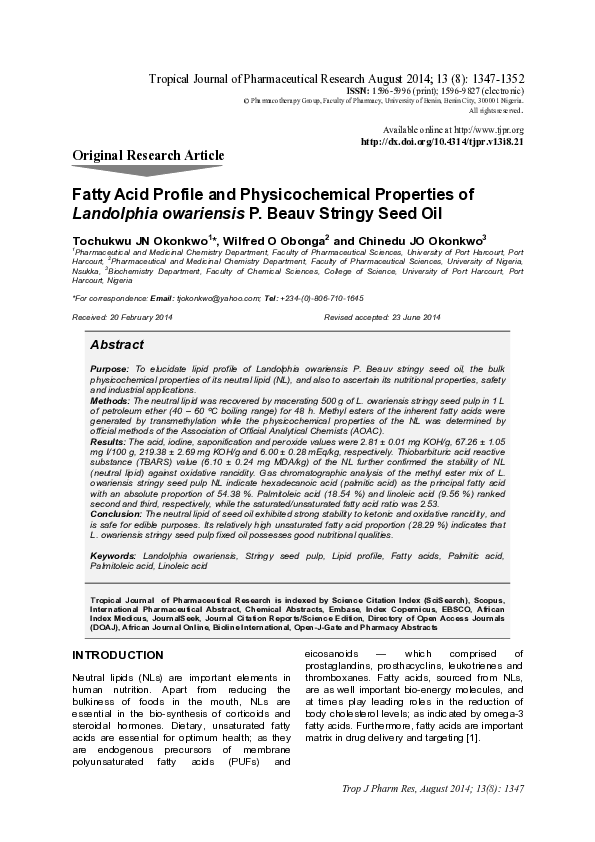 (PDF) Fatty Acid Profile and Physicochemical Properties of Landolphia ...