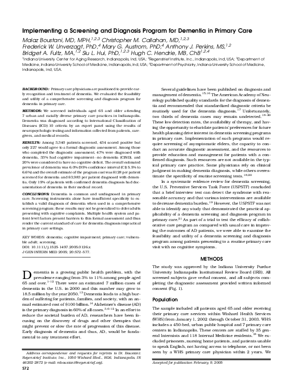 (PDF) Implementing a screening and diagnosis program for dementia in ...