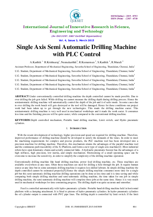 (PDF) Single Axis Semi Automatic Drilling Machinewith PLC Control