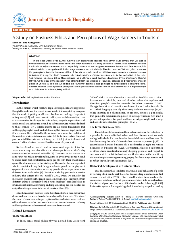 (PDF) A Study on Business Ethics and Perceptions of Wage Earners in Tourism
