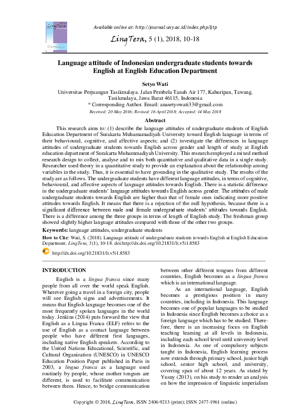 (PDF) Language attitude of undergraduate students towards English at ...