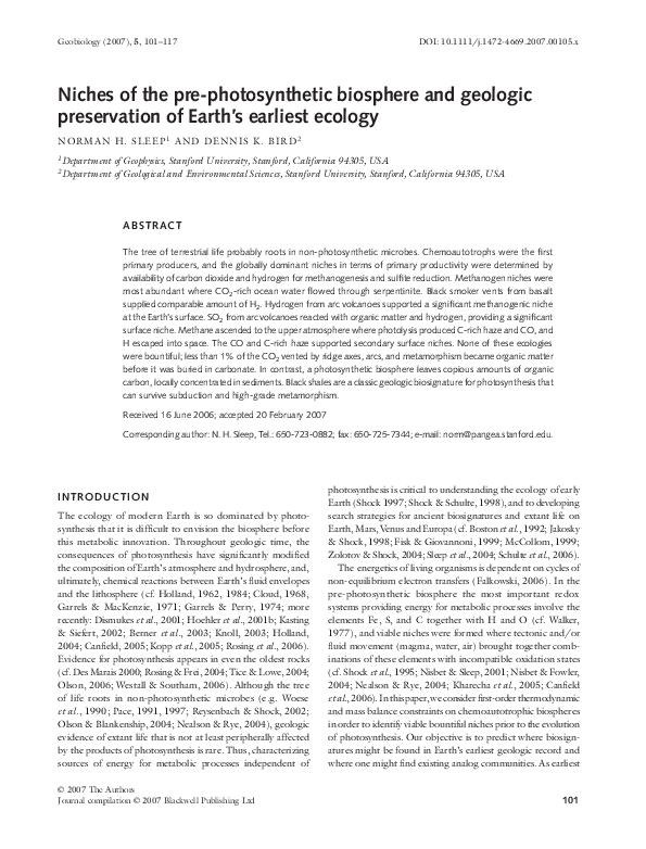 (PDF) Niches of the pre-photosynthetic biosphere and geologic ...