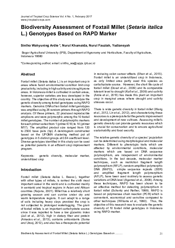 (PDF) Biodiversity Assessment of Foxtail Millet (Setaria italica L ...