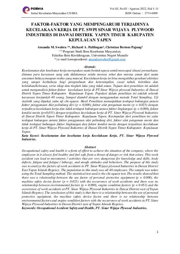 (PDF) FAKTORFAKTOR YANG MEMPENGARUHI TERJADINYA KECELAKAAN KERJA DI PT