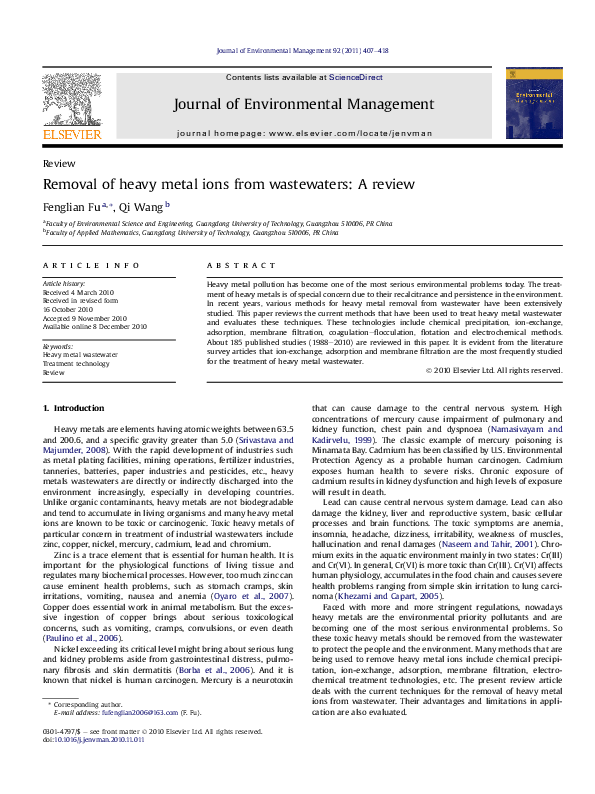 (PDF) Removal of heavy metal ions from wastewaters: A review