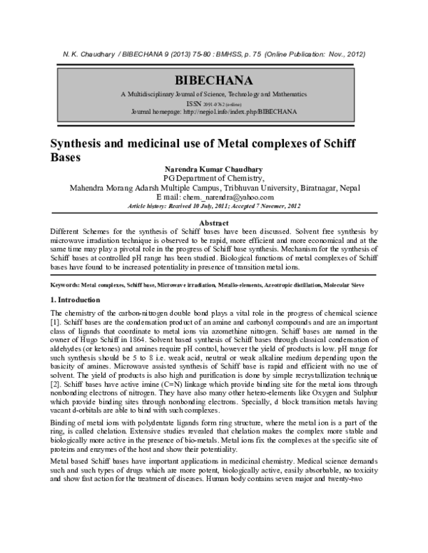 (PDF) Synthesis and medicinal use of Metal complexes of Schiff Bases