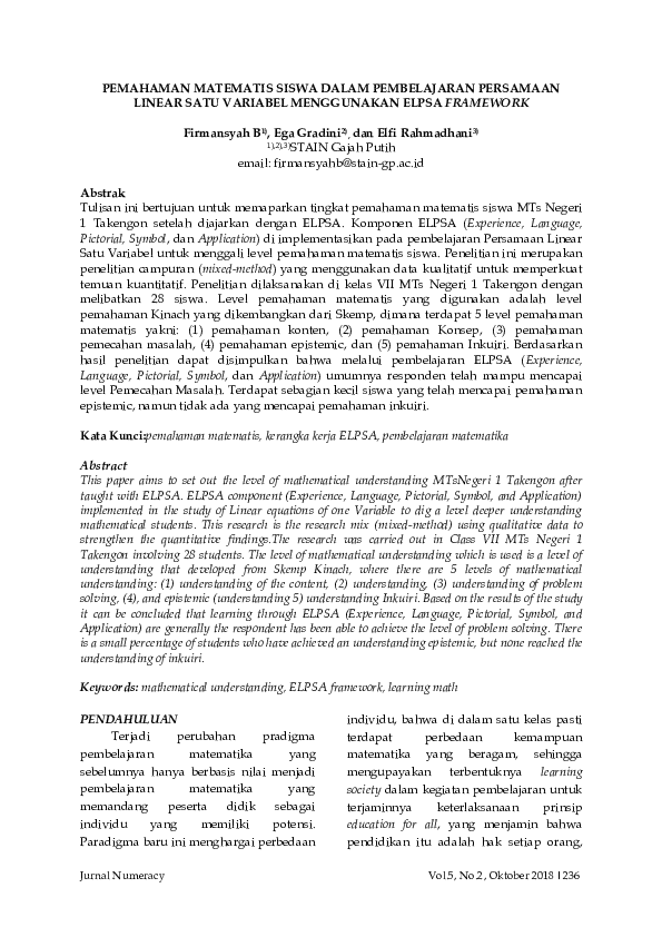 (PDF) Pemahaman Matematis Siswa Dalam Pembelajaran Persamaan Linear ...
