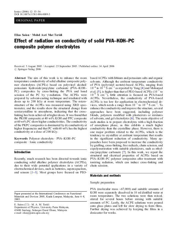 (PDF) Effect of radiation on conductivity of solid PVA–KOH–PC composite ...