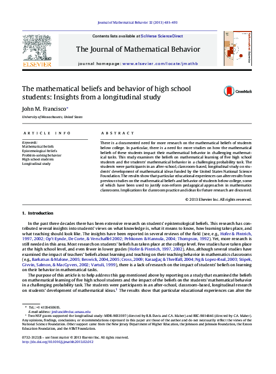 (PDF) The mathematical beliefs and behavior of high school students ...