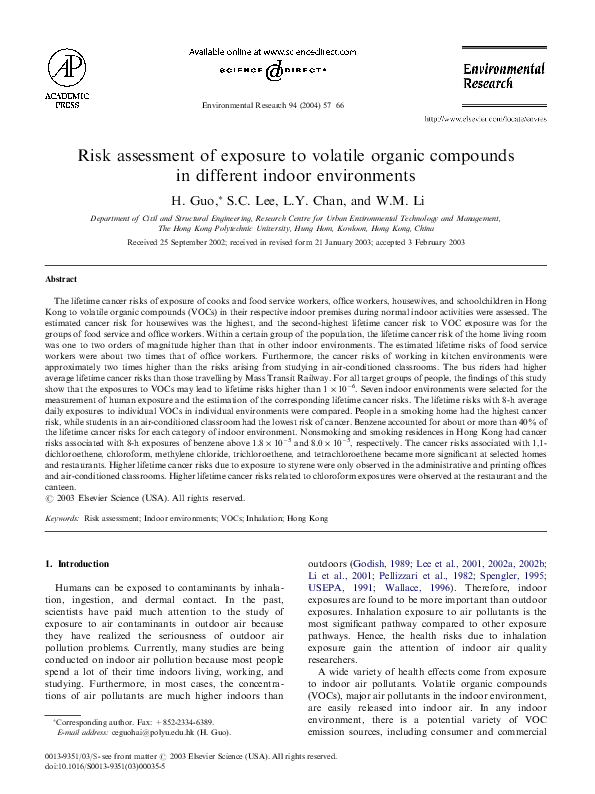 (PDF) Risk assessment of exposure to volatile organic compounds in ...