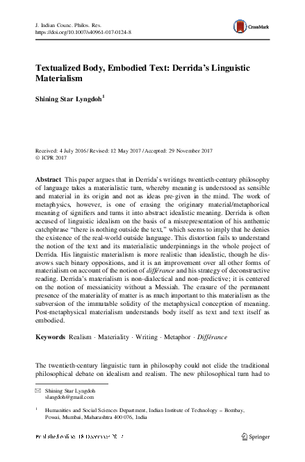 (PDF) Textualized Body, Embodied Text: Derrida’s Linguistic Materialism