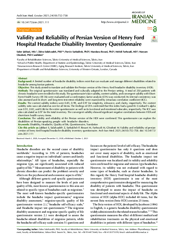 (PDF) Validity and Reliability of Persian Version of Henry Ford ...