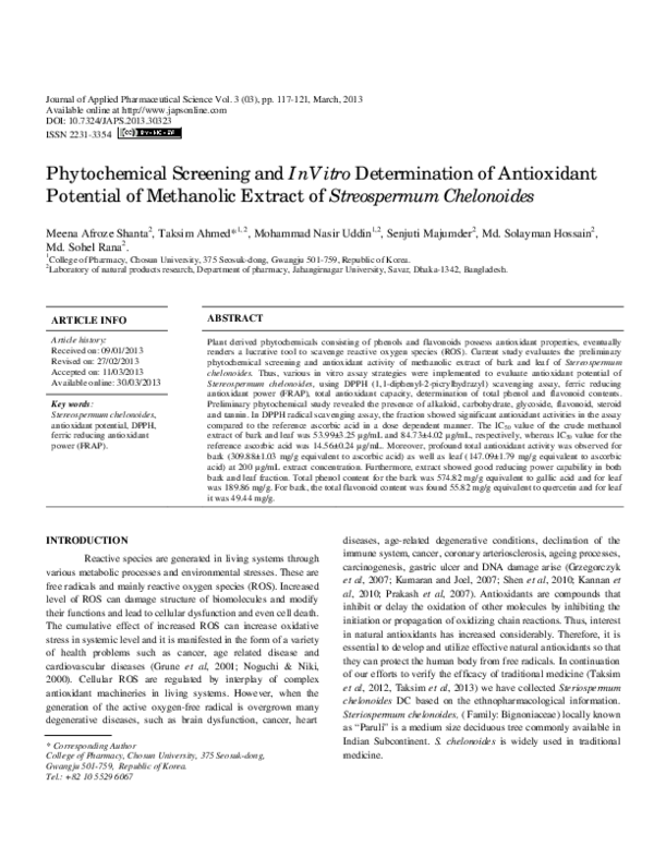 (PDF) Phytochemical screening and in vitro determination of antioxidant ...