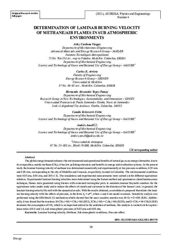 (PDF) Determination of laminar burning velocity of methane/air flames ...