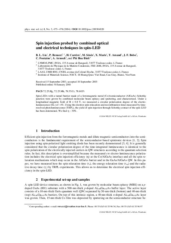 (PDF) Spin injection probed by combined optical and electrical ...
