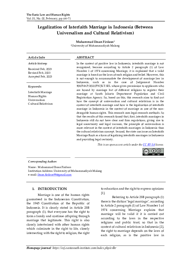 (PDF) The Legalization of Interfaith Marriage in Indonesia (Between ...