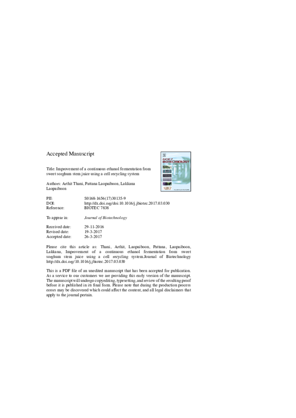 (PDF) Improvement of a continuous ethanol fermentation from sweet ...