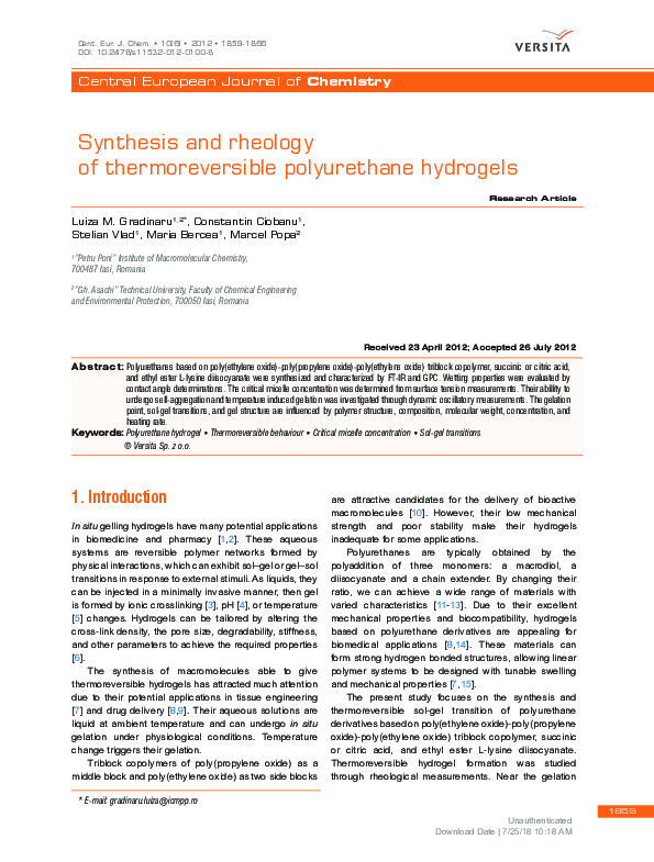 (PDF) Synthesis and rheology of thermoreversible polyurethane hydrogels