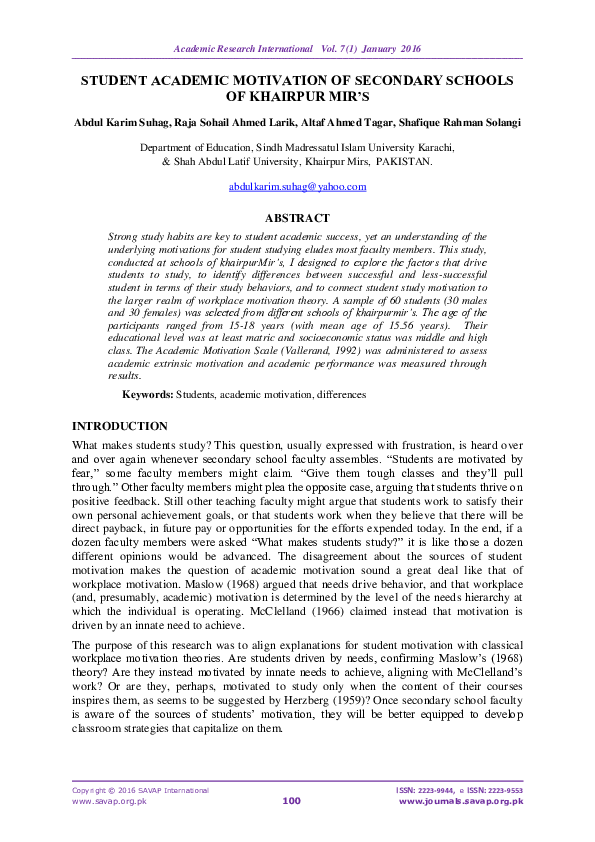 (PDF) STUDENT ACADEMIC MOTIVATION OF SECONDARY SCHOOLS OF KHAIRPUR MIR'S