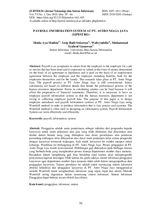 (PDF) Payroll Information System at Pt. Astro Niaga Jaya (Sipestro)