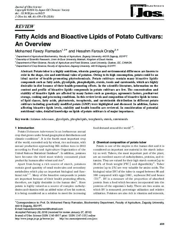 (PDF) Fatty Acids and Bioactive Lipids of Potato Cultivars An Overview