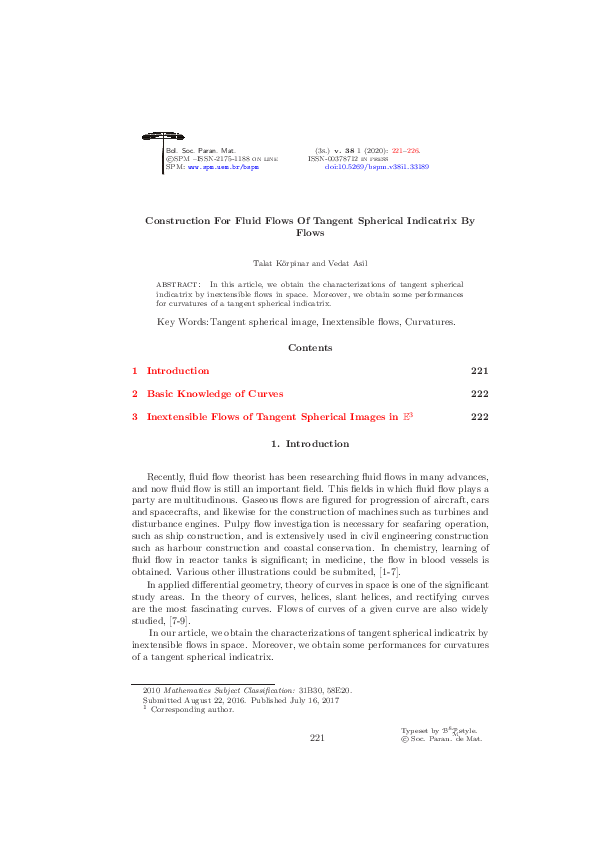 (PDF) Construction for fluid flows of tangent spherical indicatrix by