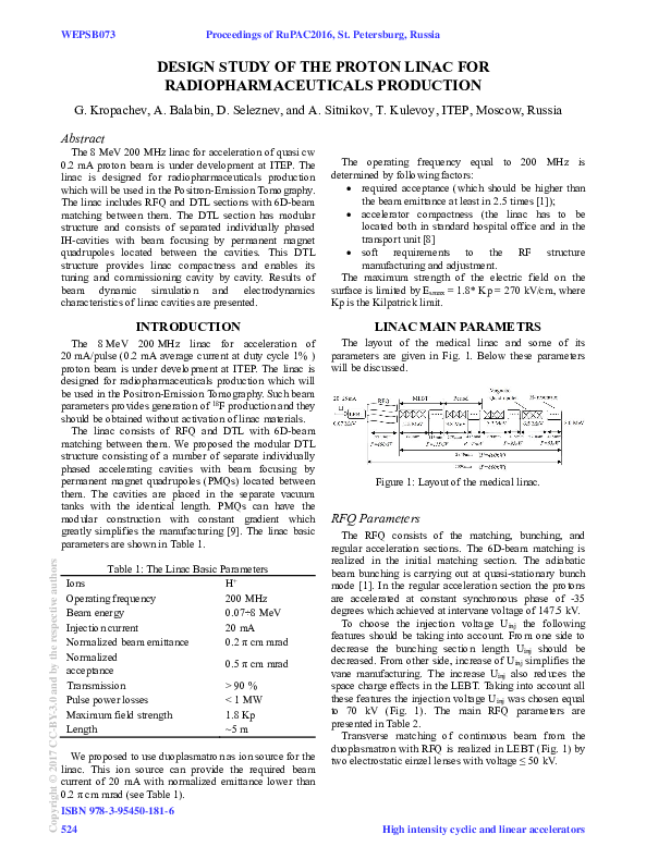 (PDF) Design Study of the Proton Linac for Radiopharmaceuticals Production