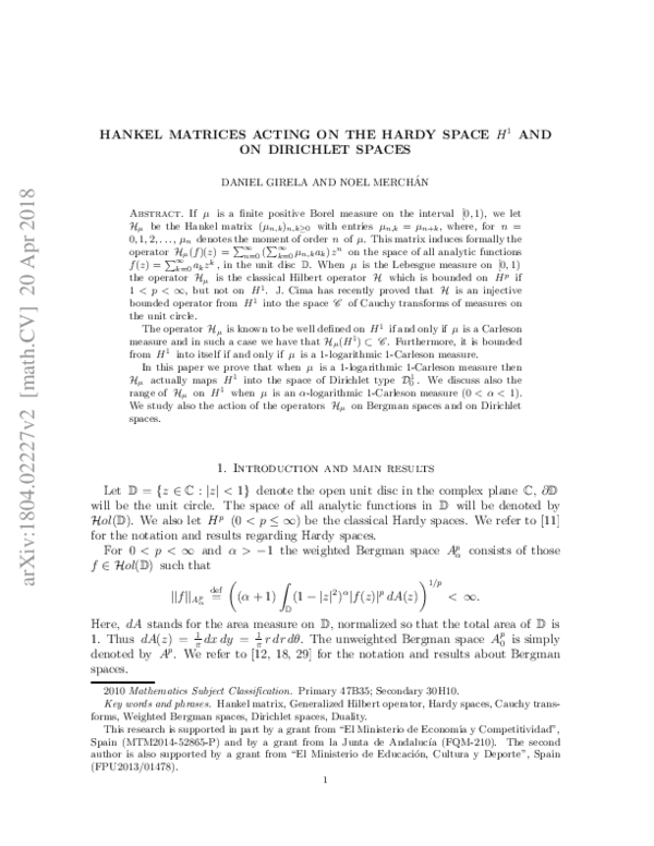 (PDF) Hankel matrices acting on the Hardy space H^1 and on Dirichlet spaces