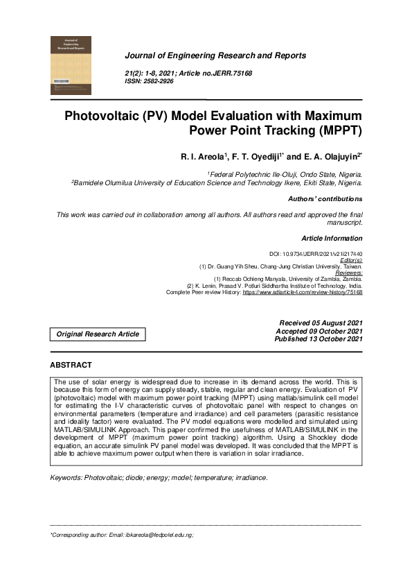 (PDF) Photovoltaic (PV) Model Evaluation with Maximum Power Point ...