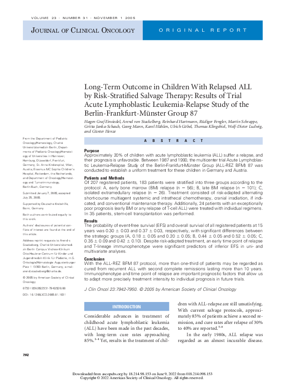 (PDF) Long-Term Outcome in Children With Relapsed ALL by Risk ...