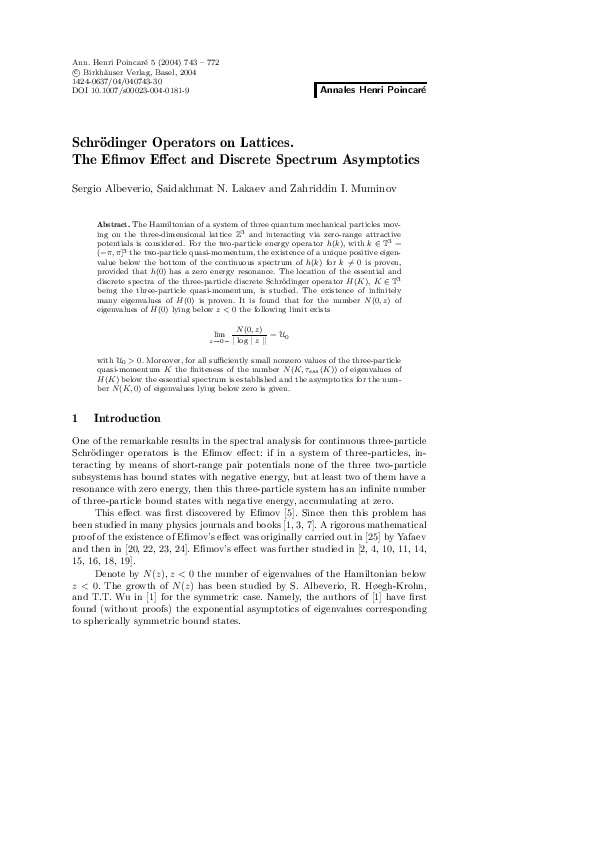 (PDF) Schrödinger Operators on Lattices. The Efimov Effect and Discrete ...