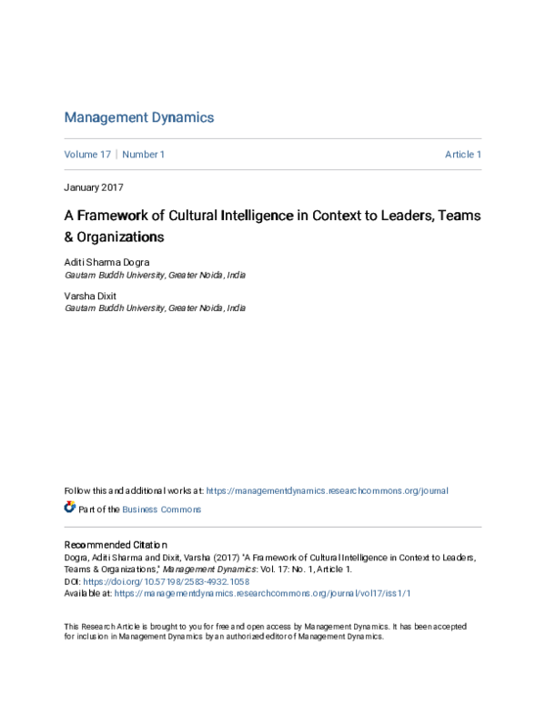 (PDF) A Framework of Cultural Intelligence in Context to Leaders, Teams ...