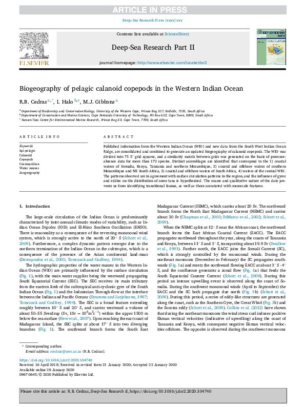 (PDF) Biogeography of pelagic calanoid copepods in the Western Indian Ocean
