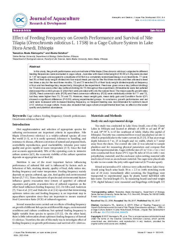 (PDF) Effect of Feeding Frequency on Growth Performance and Survival of ...