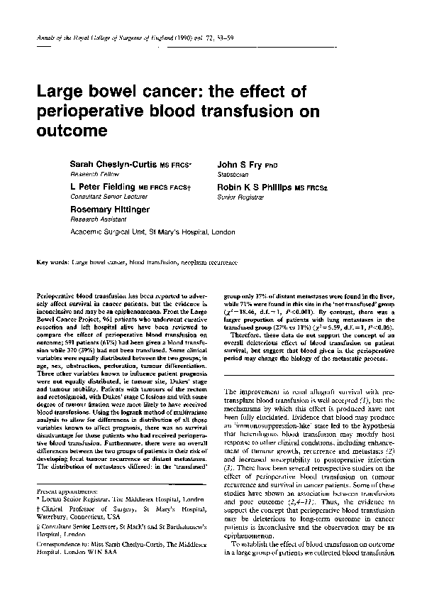 (PDF) Large bowel cancer: the effect of perioperative blood transfusion ...